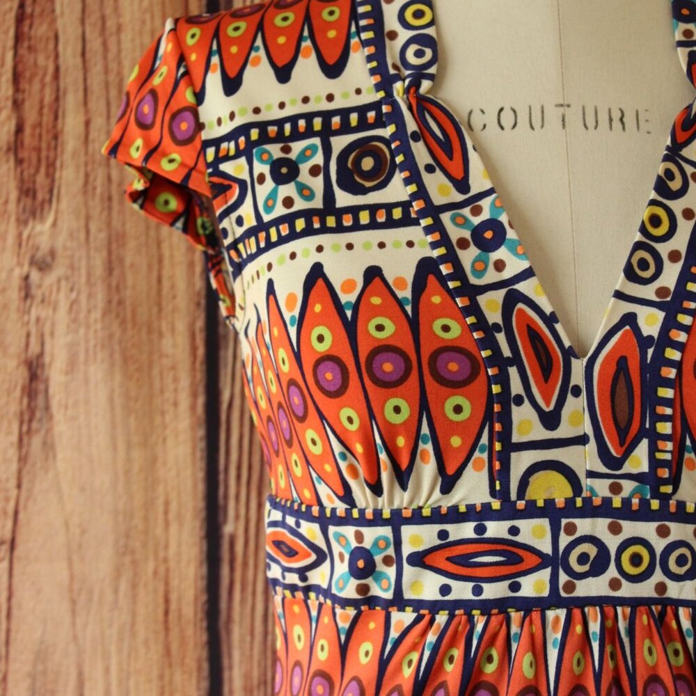 Trina Turk Womens Blouse, Silk, Size 0, Tribal Pattern in Orange and Navy - Picture 4 of 12